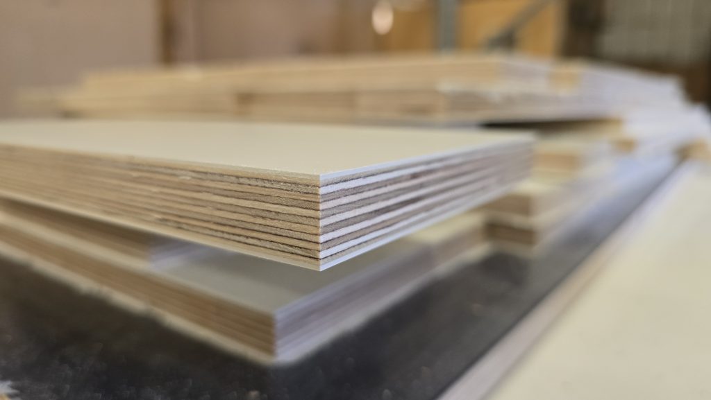 Laminated lightweight plywood sheets, close up